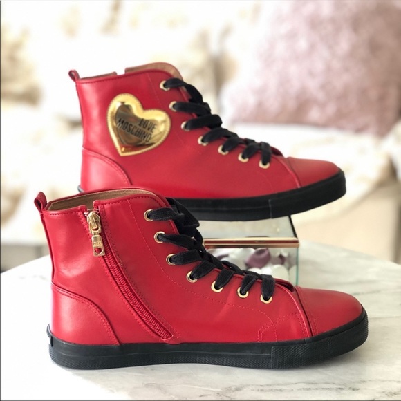 Love Moschino Shoes - Love Moschino High Top Leather Red Sneaker